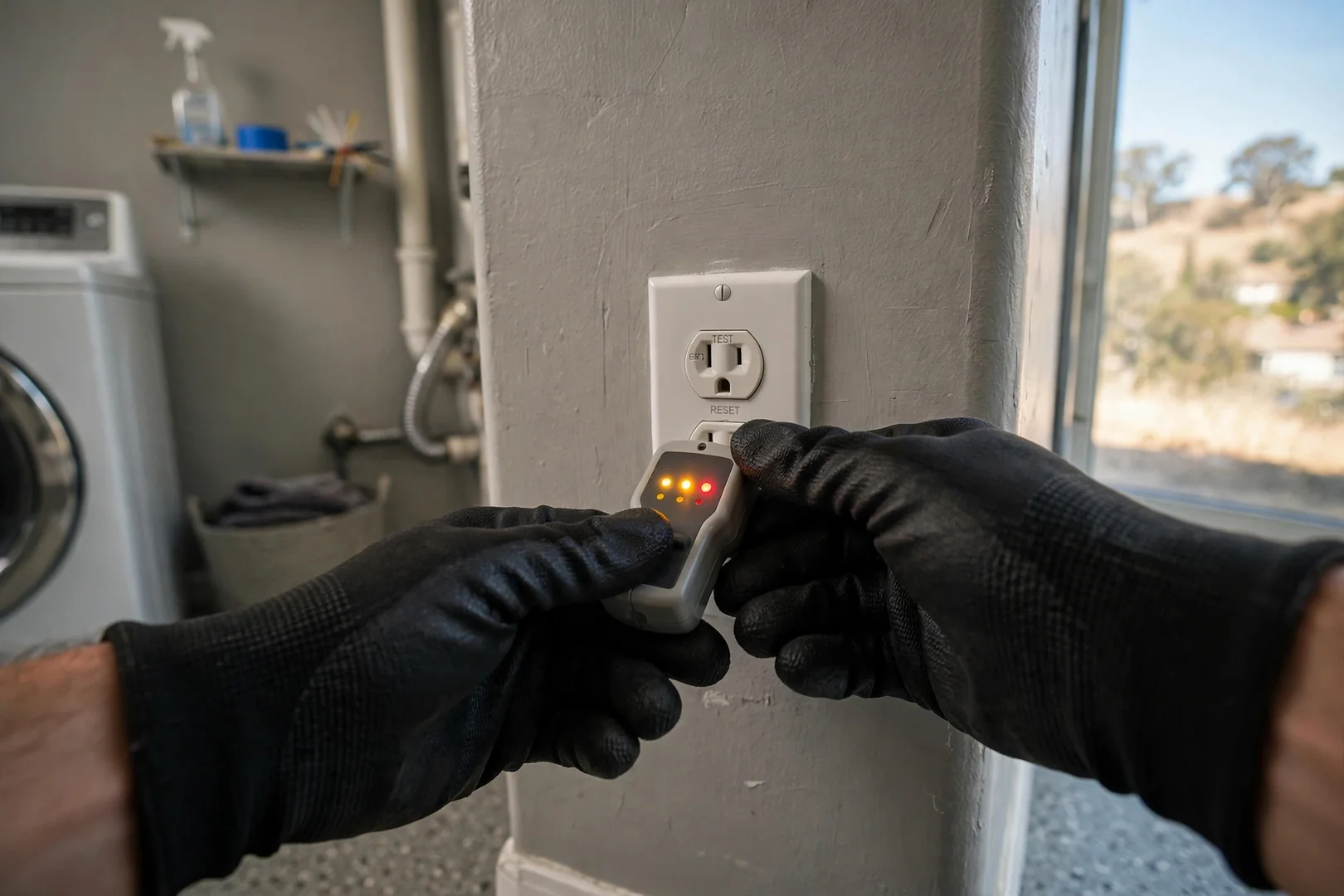 Electrician testing a GFCI outlet with a handheld plug-in circuit tester during service call