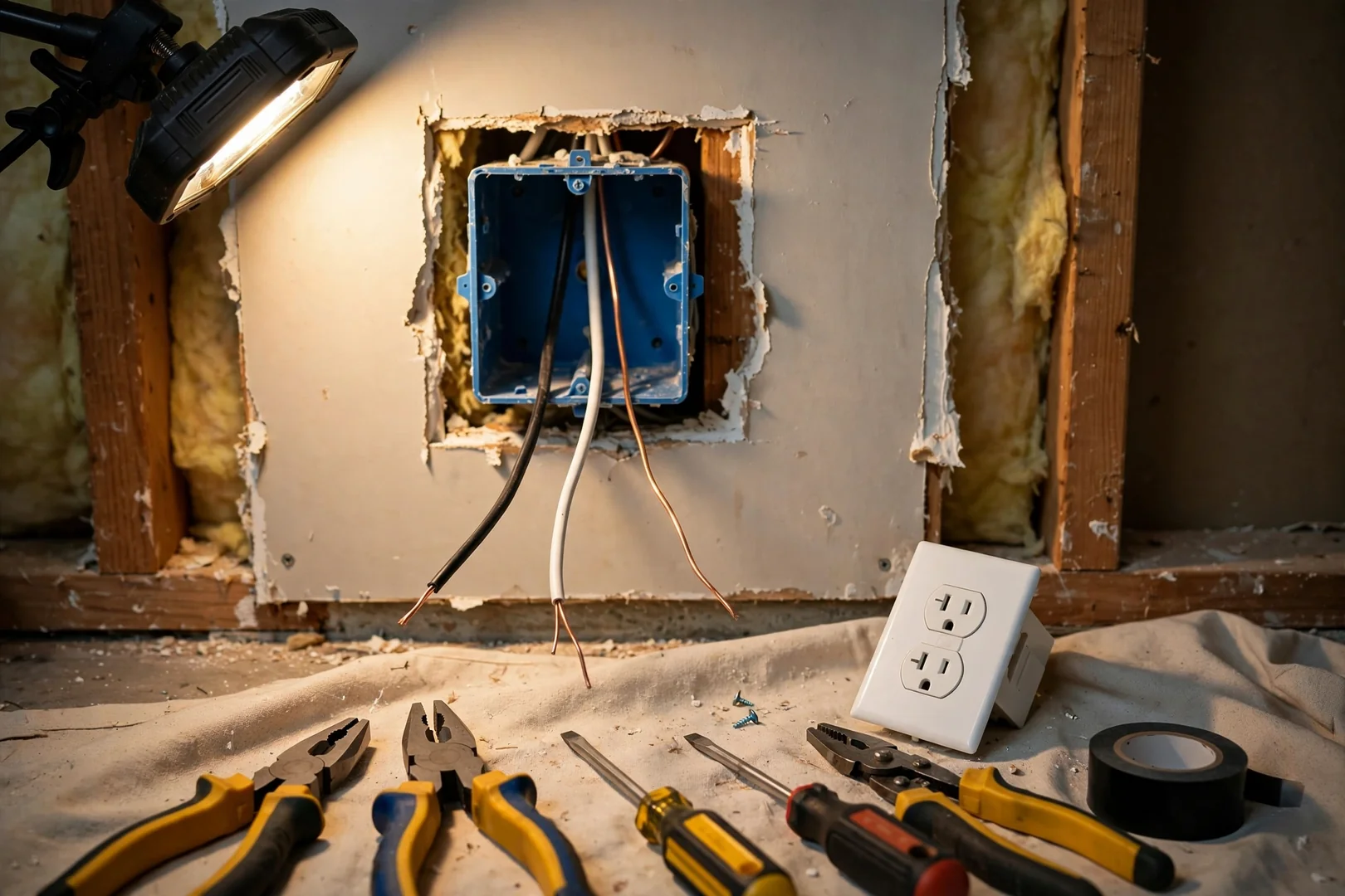 Open electrical box showing rewired line and load conductors before GFCI device is set