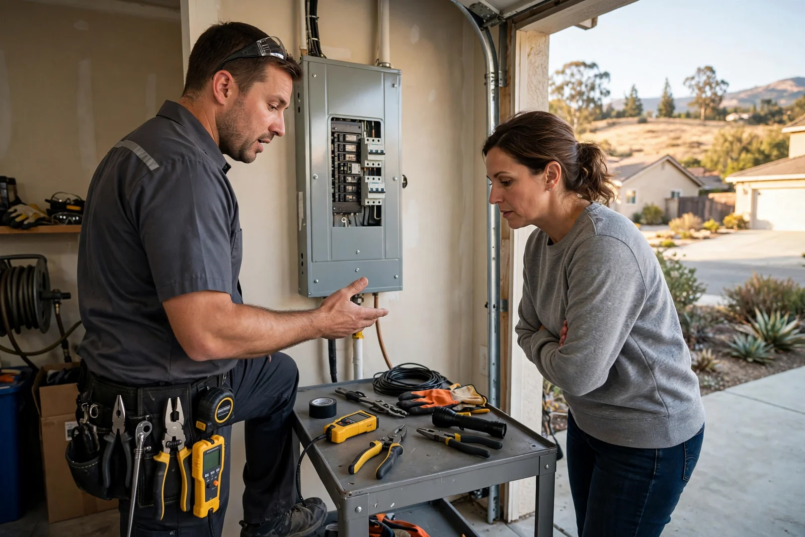 Homeowner reviewing a written house rewiring estimate with an electrician at a kitchen table