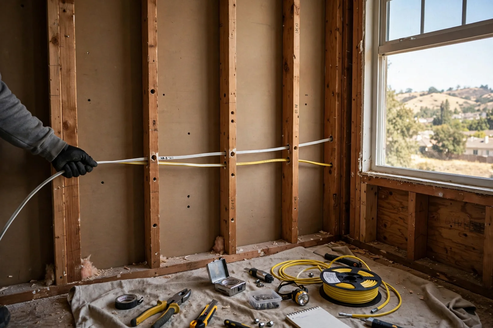 Electrician pulling new copper cable through open wall studs during a home rewire