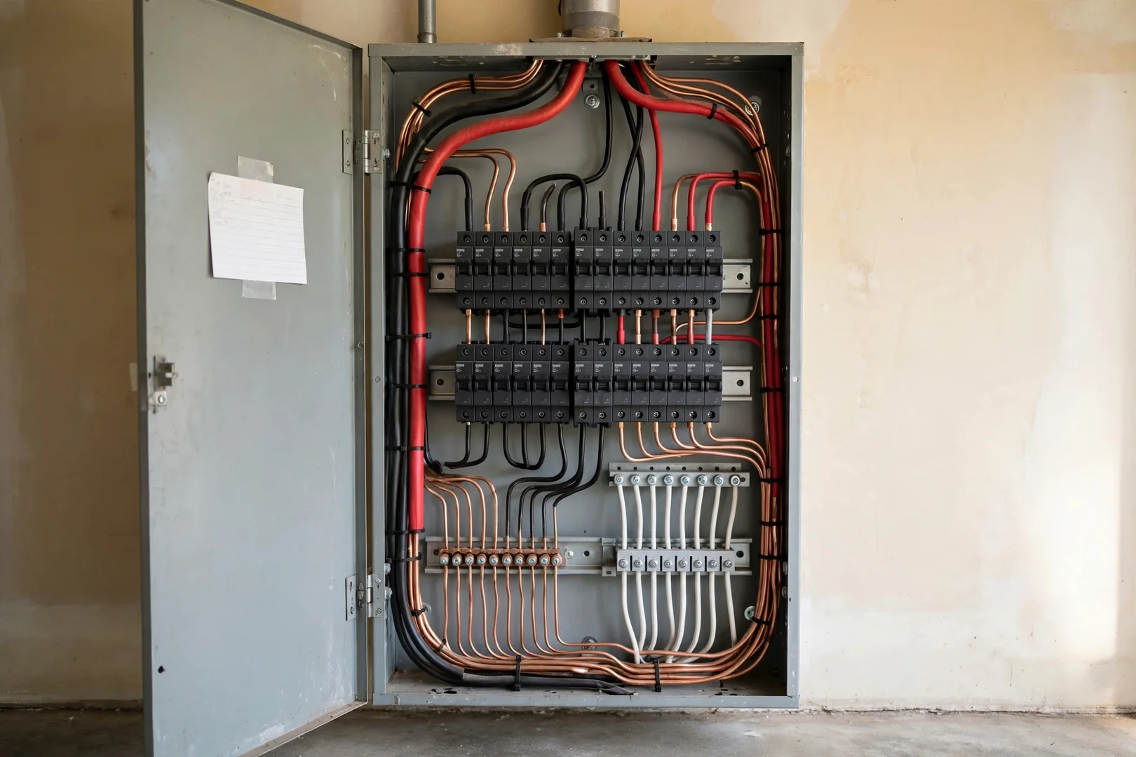 Newly labeled electrical panel with organized circuit conductors after full house rewiring