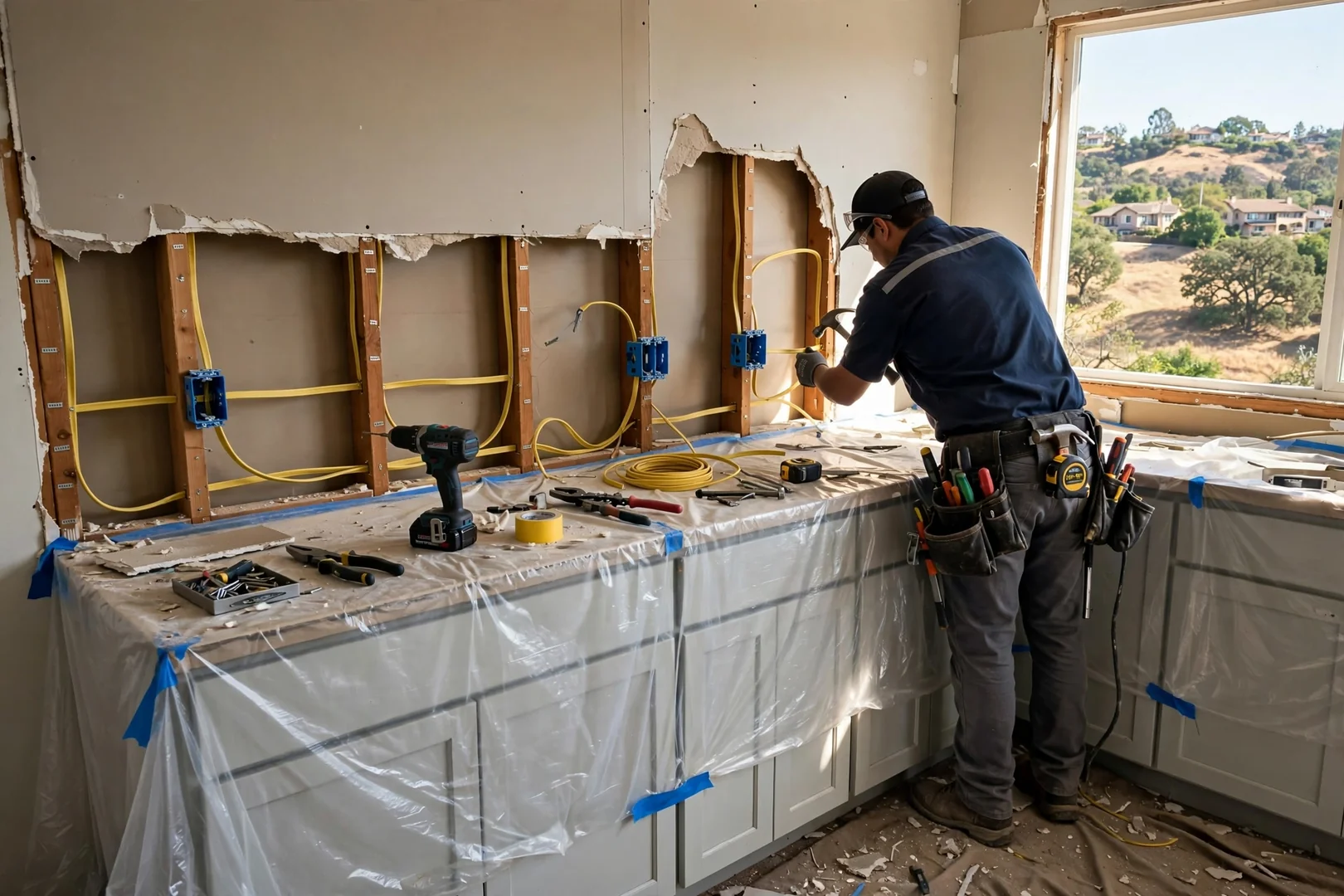 Kitchen wall prepared for dedicated 20-amp circuits during a rewiring project