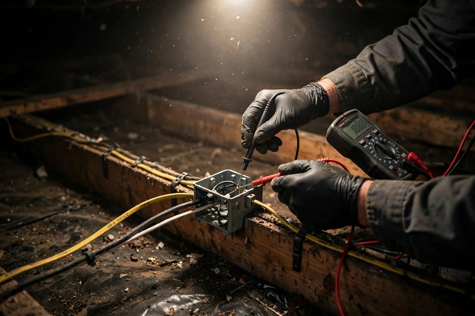Electrician testing circuit continuity with a multimeter in a residential crawlspace