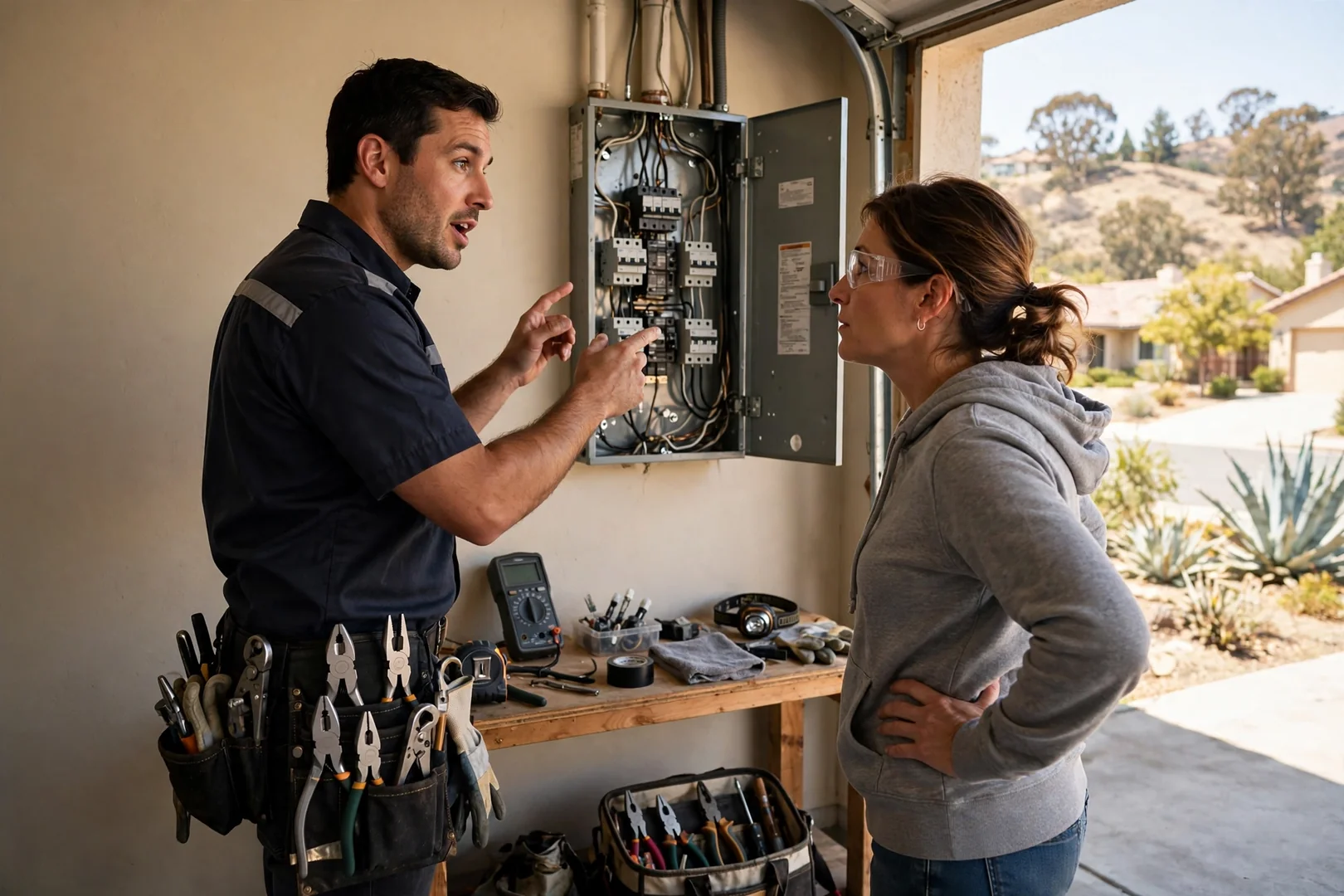 Homeowner reviewing a written lighting installation estimate with an electrician at a kitchen table