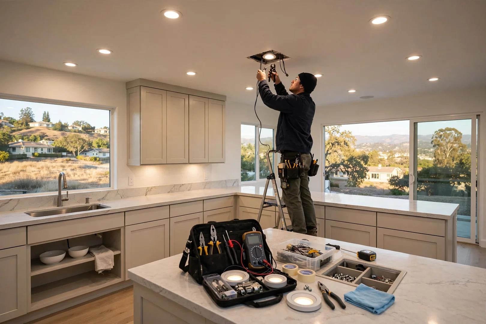 Recessed LED lighting evenly spaced across a remodeled kitchen ceiling in San Ramon