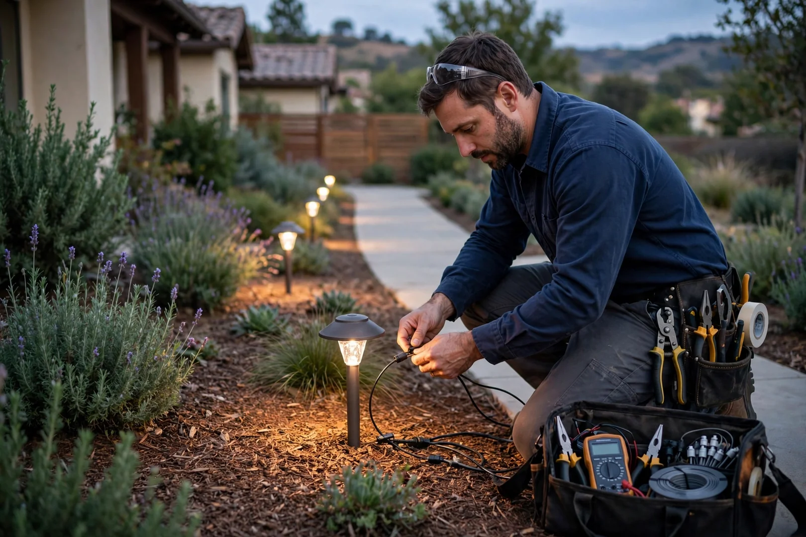 Low-voltage pathway lights installed along a residential walkway at dusk