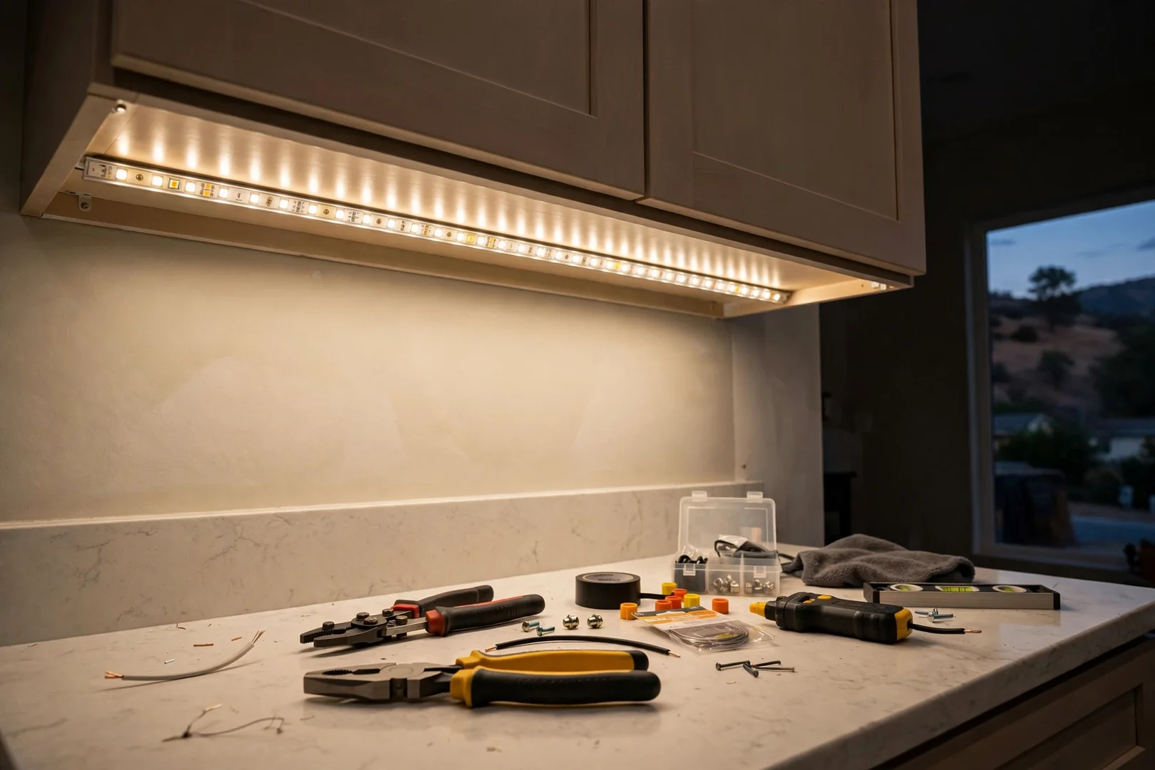 Under-cabinet LED strip lighting installed above a kitchen countertop work surface