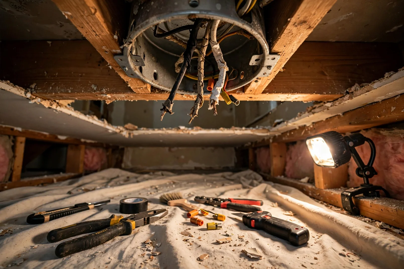 Old ceiling fixture removed showing exposed wiring and junction box before upgrade