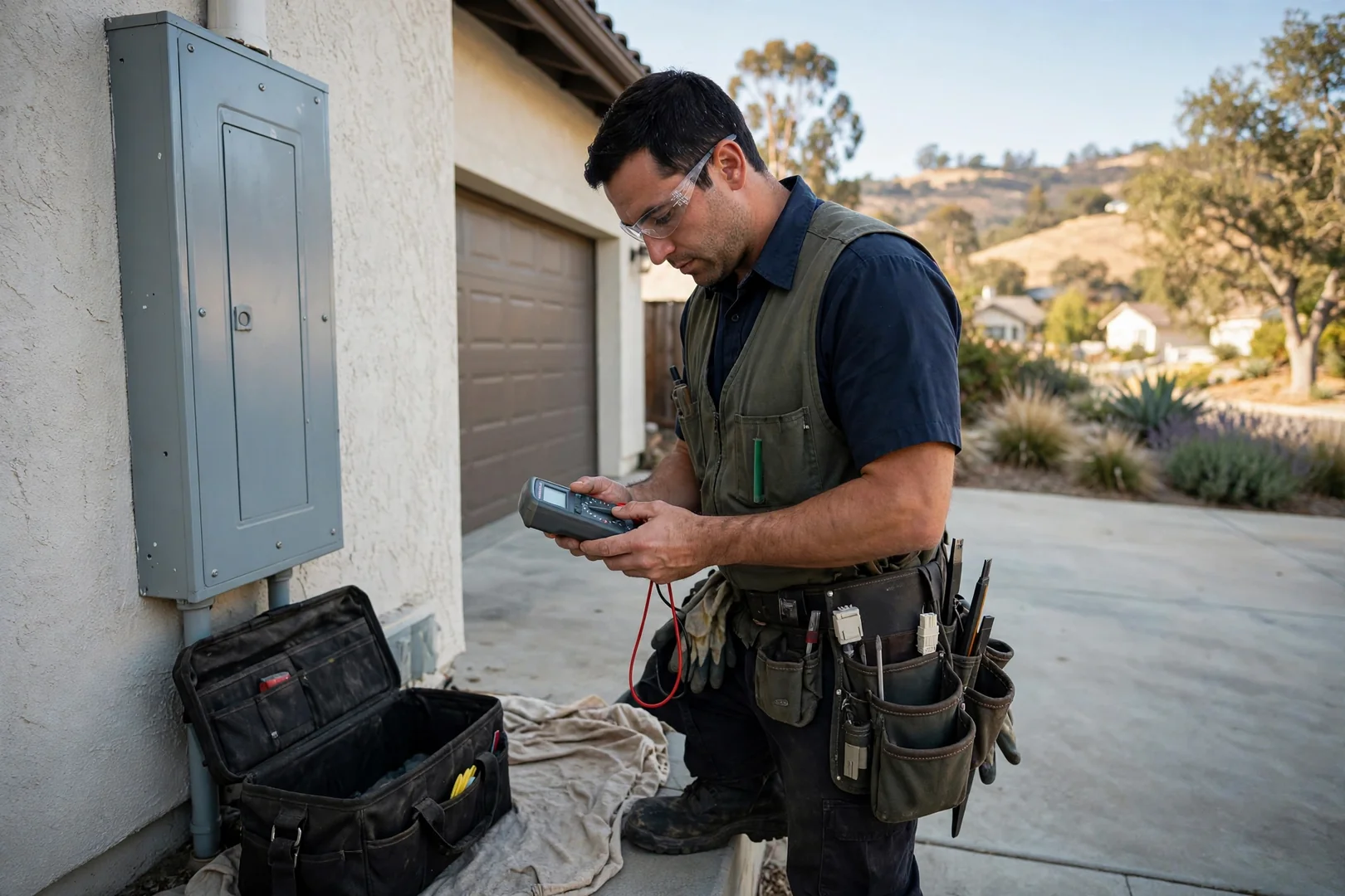 San Ramon Electrician Pros technician reviewing Electrician equipment in San Ramon, CA