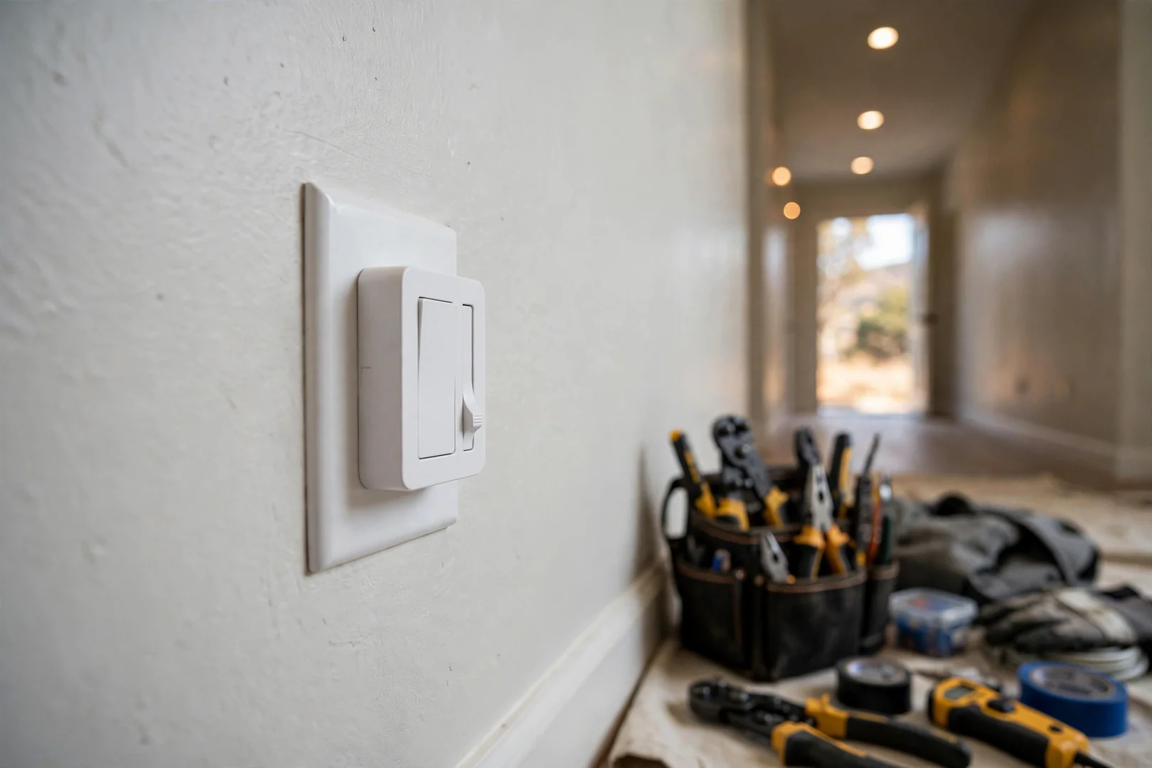 Smart dimmer switch installed on a hallway wall controlling new LED fixtures