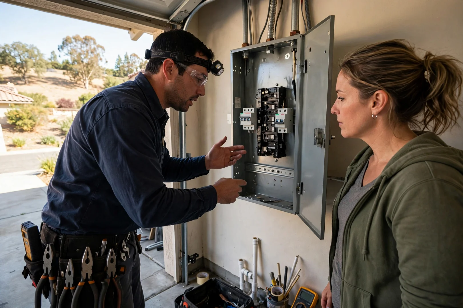 Electrician reviewing outlet placement and circuit options with a homeowner at a kitchen table