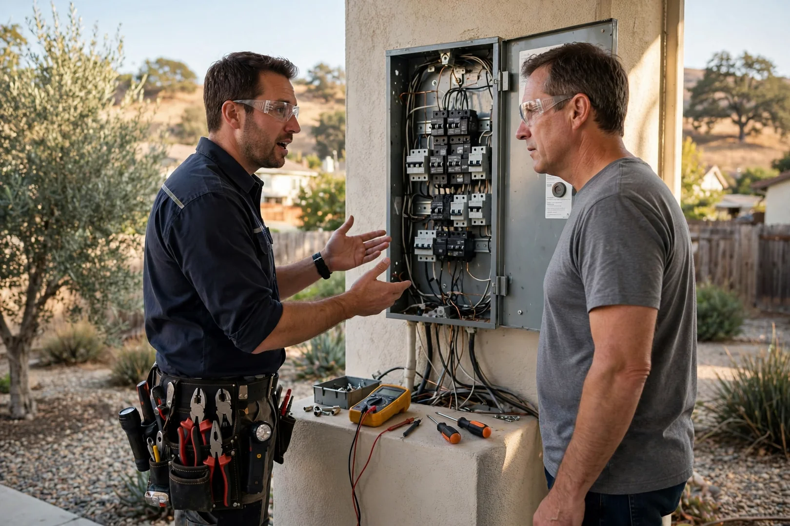 Electrician wiring a new grounded wall receptacle inside a San Ramon home
