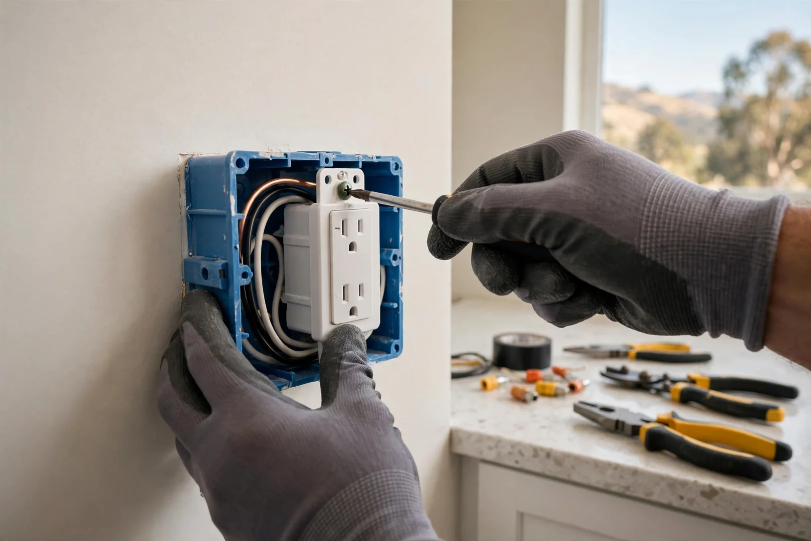 Electrician mounting a new tamper-resistant outlet inside a remodeled San Ramon kitchen wall