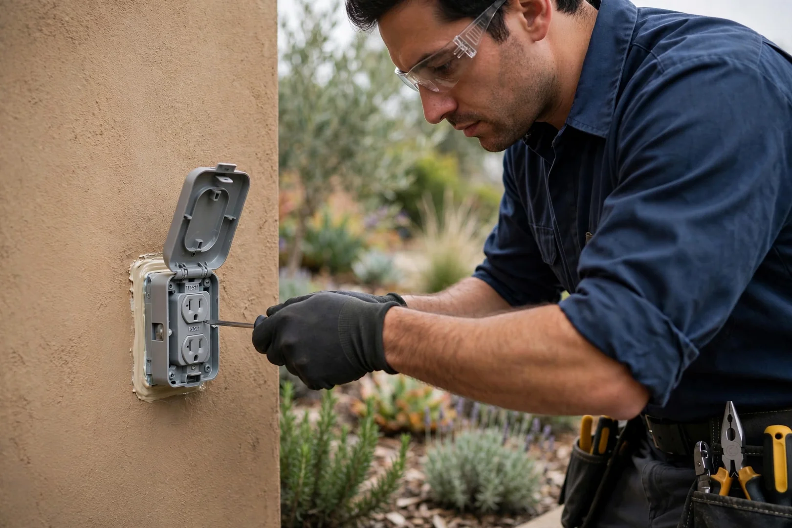 Finished exterior weather-resistant outlet with hinged cover mounted on stucco siding