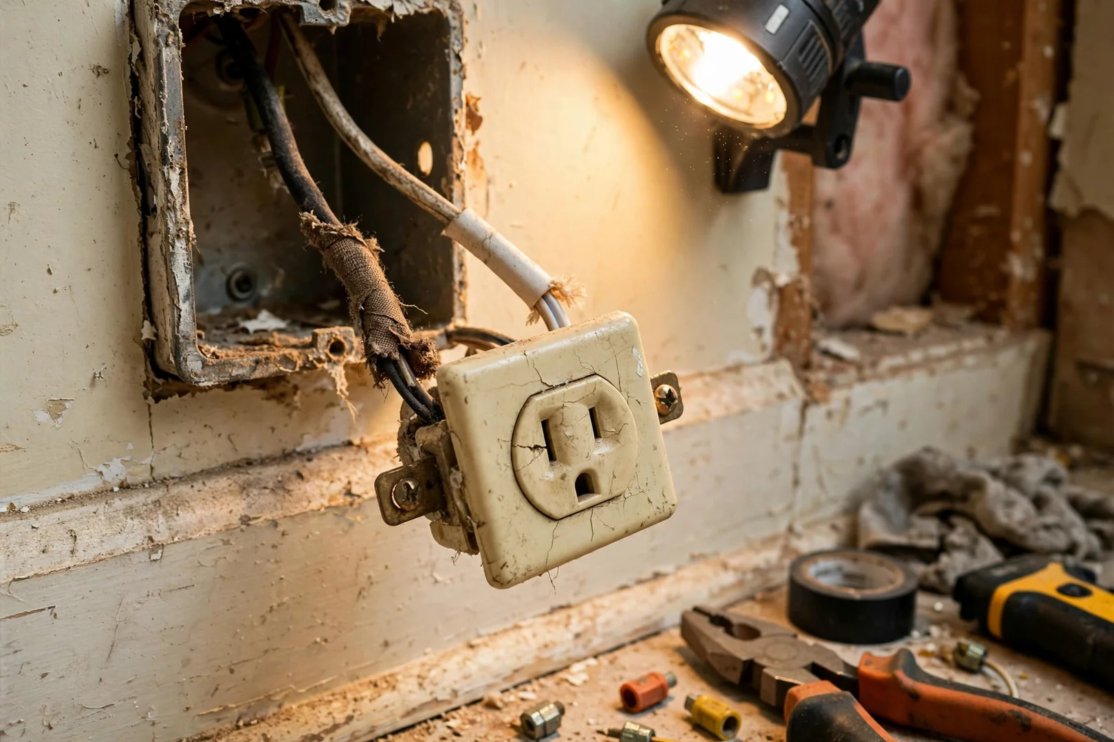 Old two-prong ungrounded outlet removed from wall showing aged cloth wiring behind box