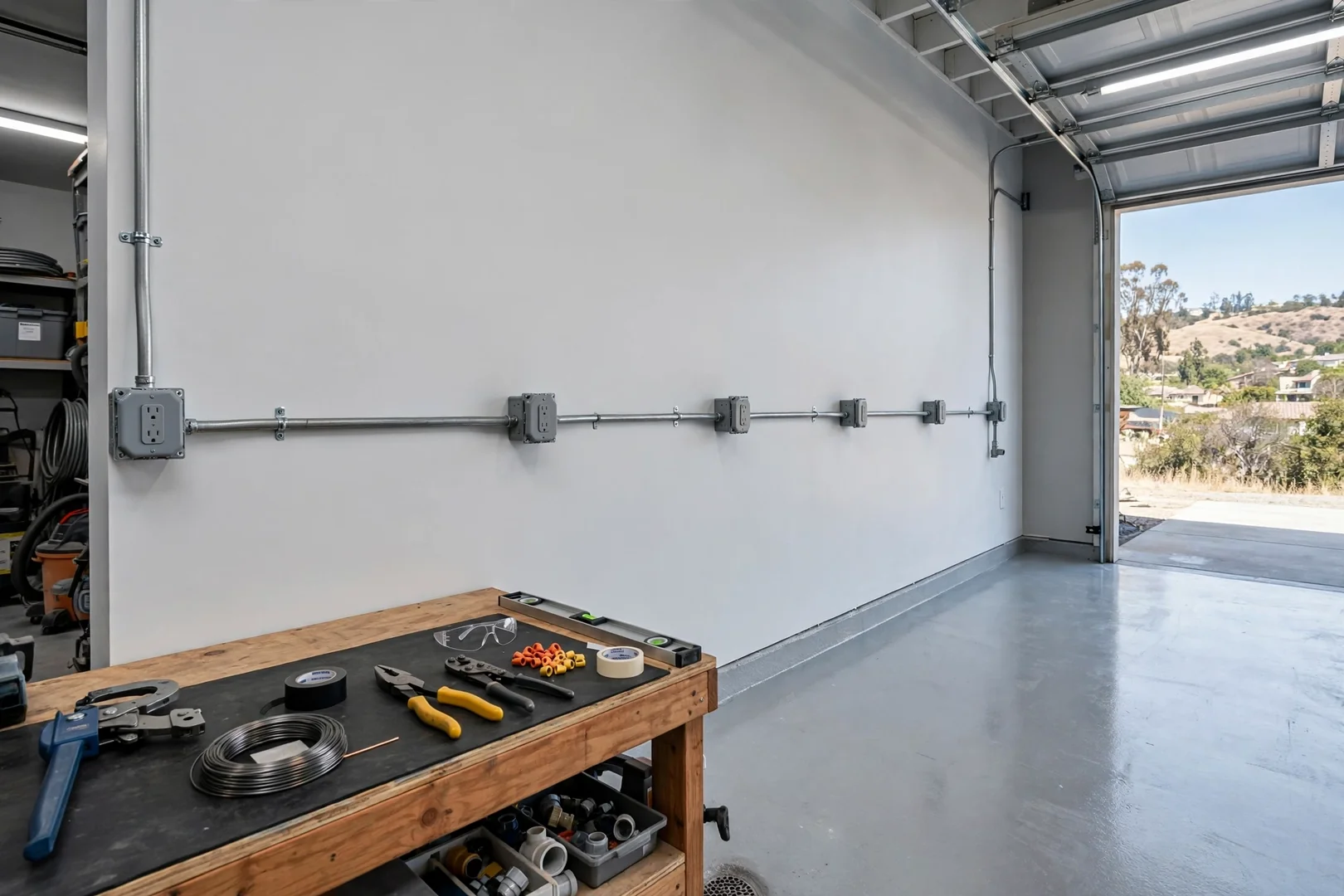 Rows of new outlets installed along a finished garage workshop wall with conduit runs