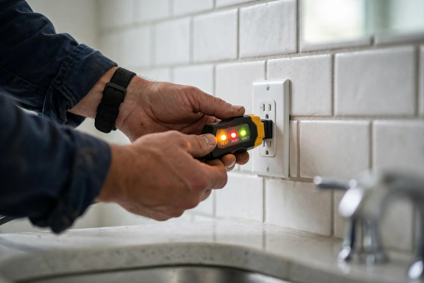 Technician testing a newly installed GFCI outlet with a plug-in circuit tester in bathroom