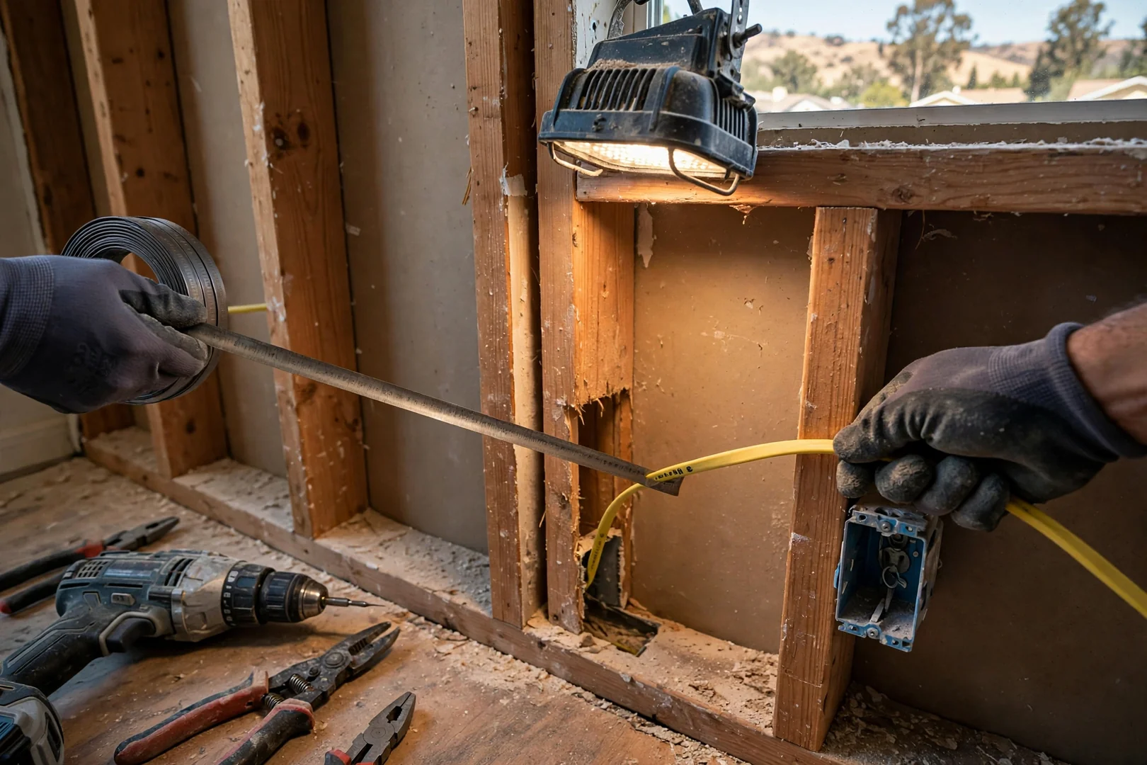 Electrician pulling new cable through wall framing for added bedroom outlet locations