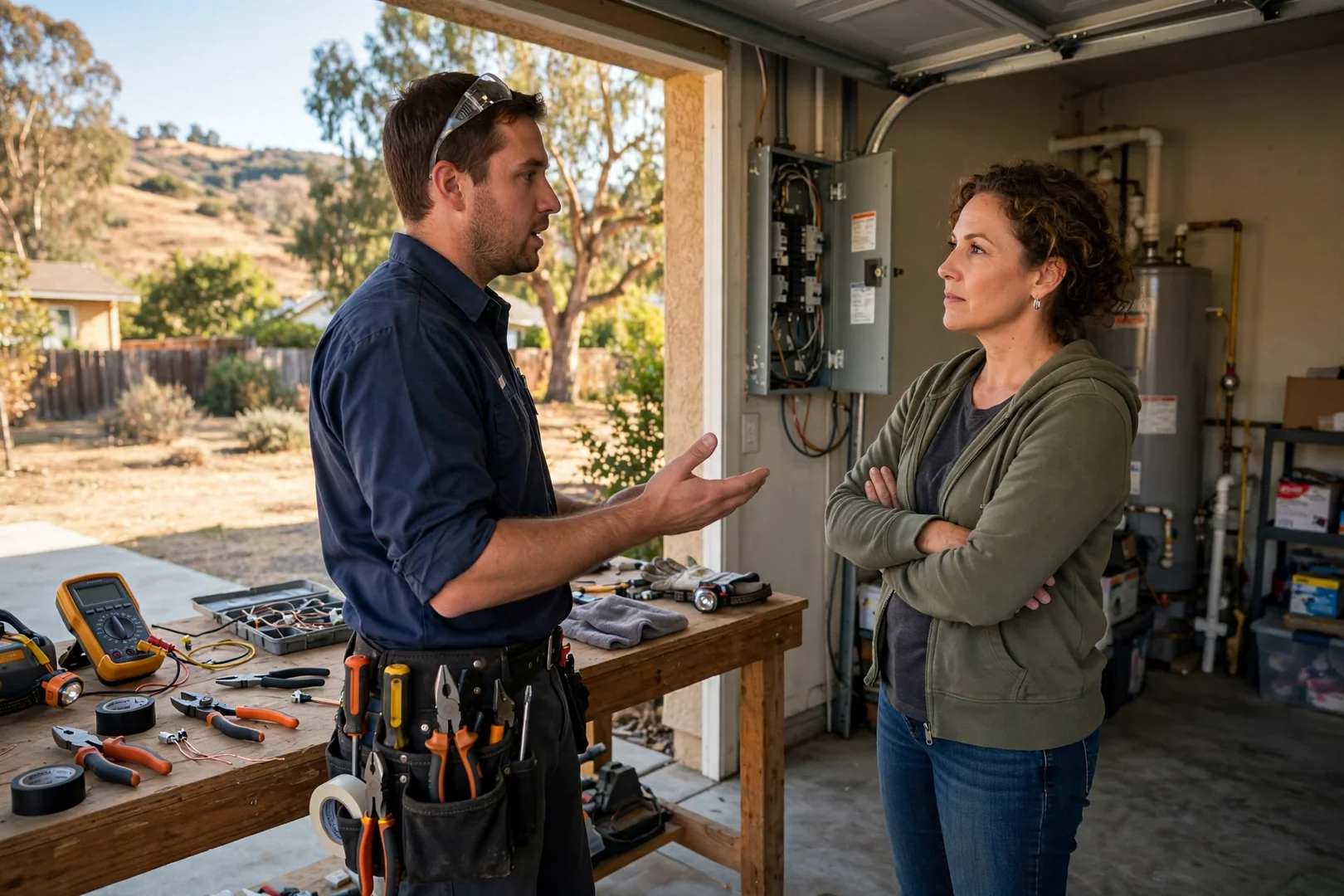 Homeowner reviewing a written surge protection estimate with an electrician at a kitchen table