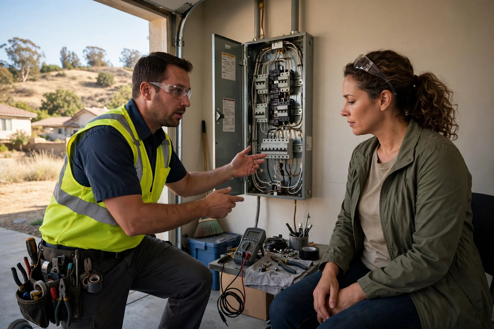 Electrician wiring a whole-home surge protective device into a residential panel