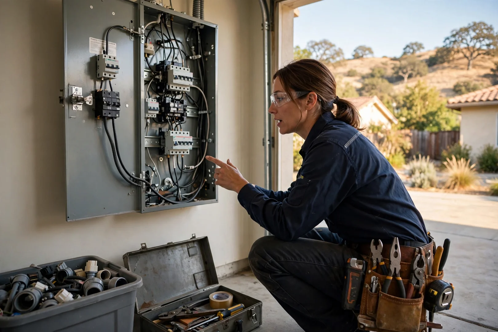 Electrician mounting a whole-home surge protective device beside a residential service panel
