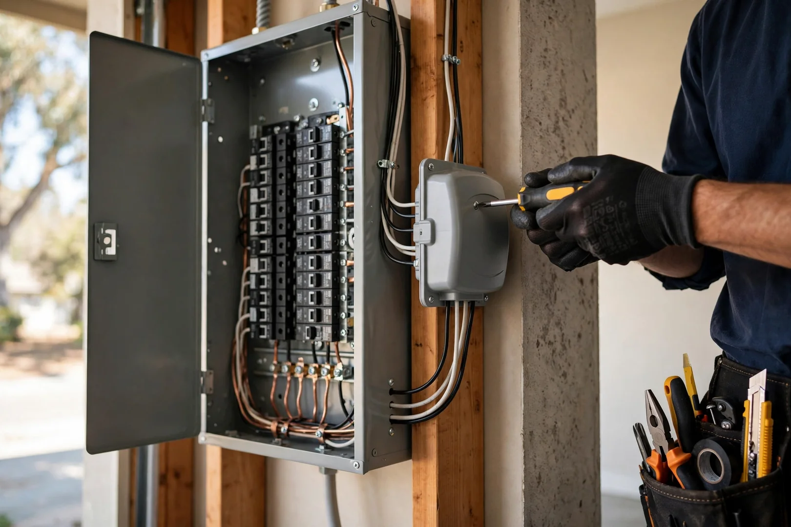 Whole-home surge protective device mounted beside a residential main electrical panel