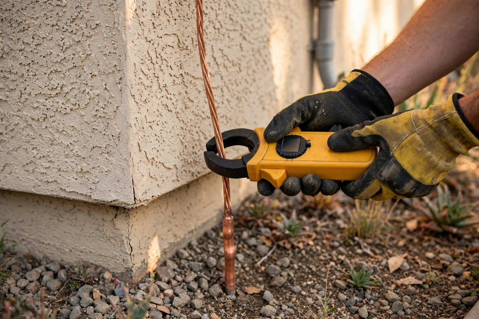 Technician testing grounding electrode connection at an exterior service entrance in San Ramon