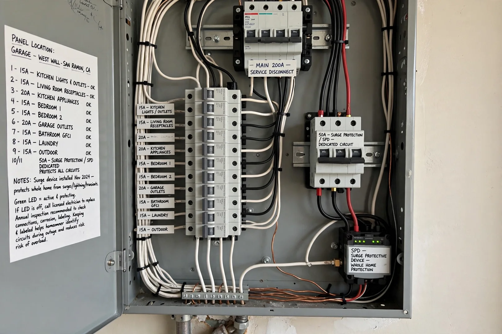 Upgraded panel with surge device and labeled dedicated two-pole breaker installed