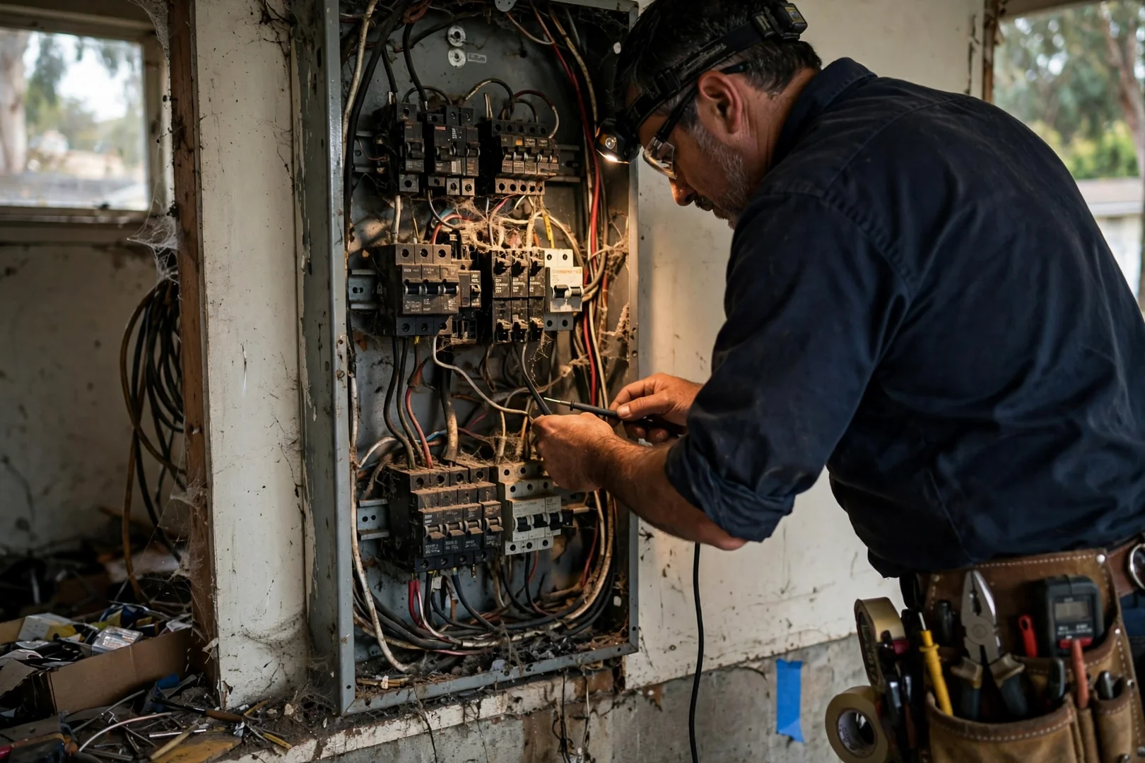 Older subpanel showing crowded wiring before surge protection retrofit work began
