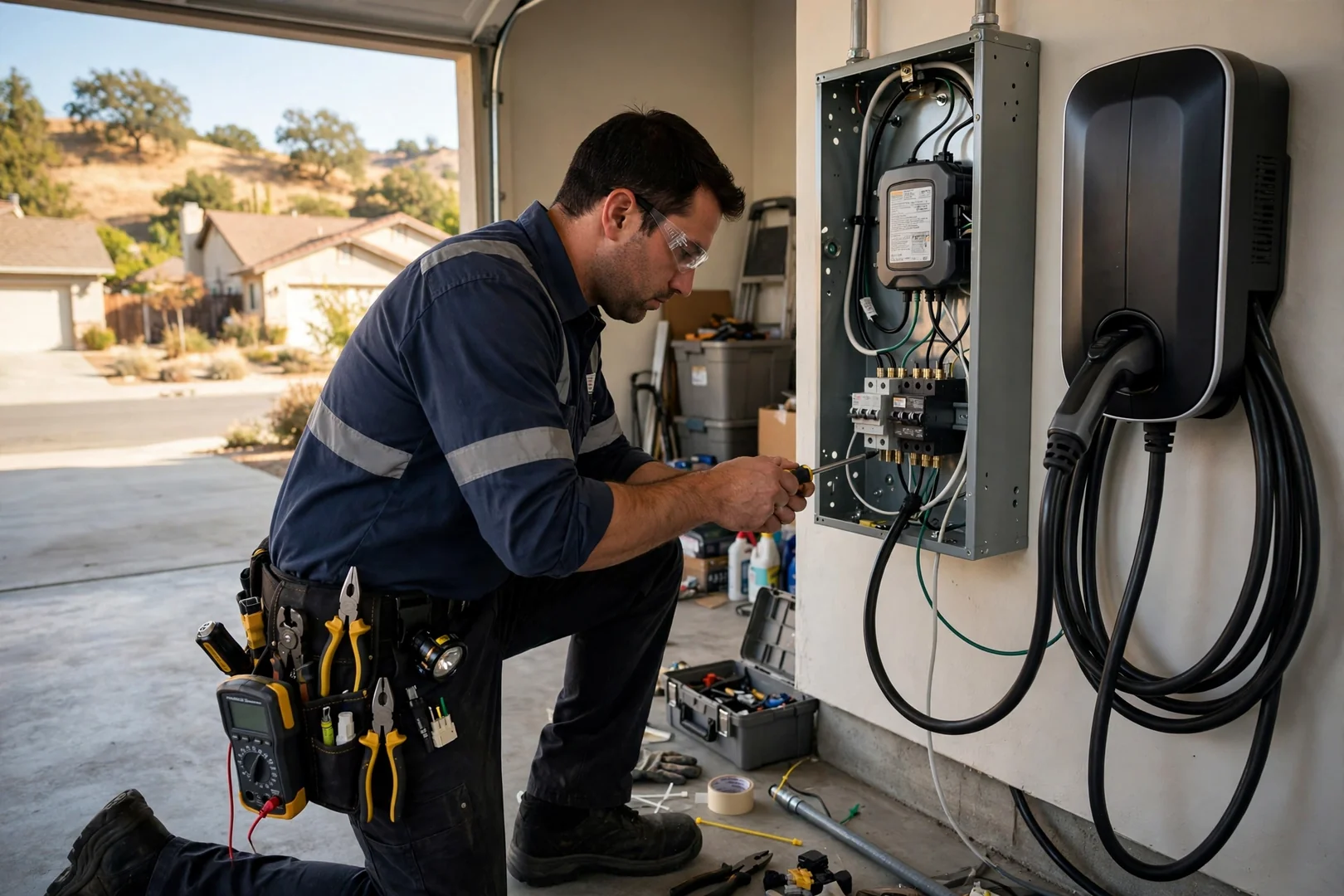Surge protection added to an EV charger circuit inside a suburban garage