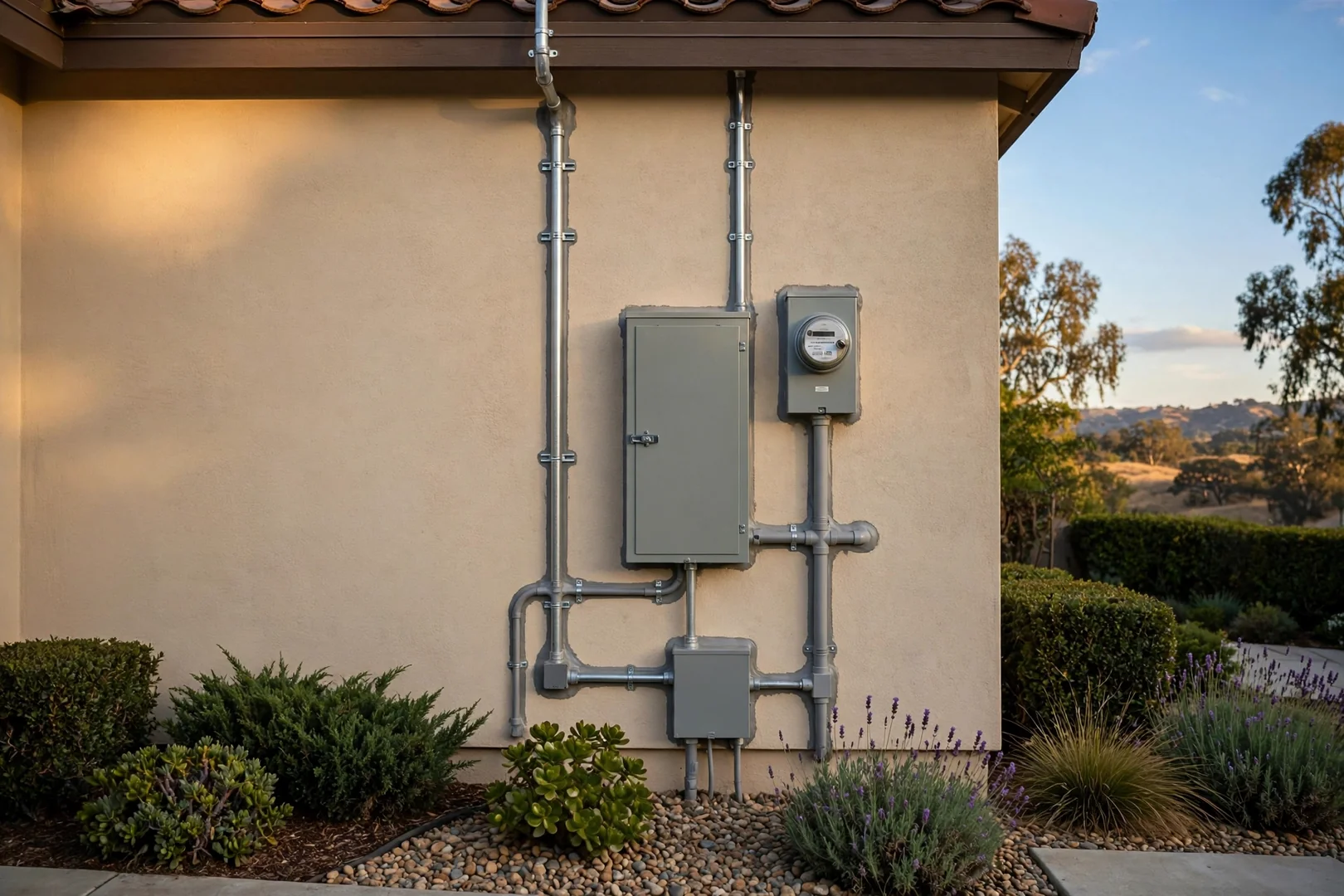Finished exterior electrical service with weatherproof enclosure and neat conduit runs